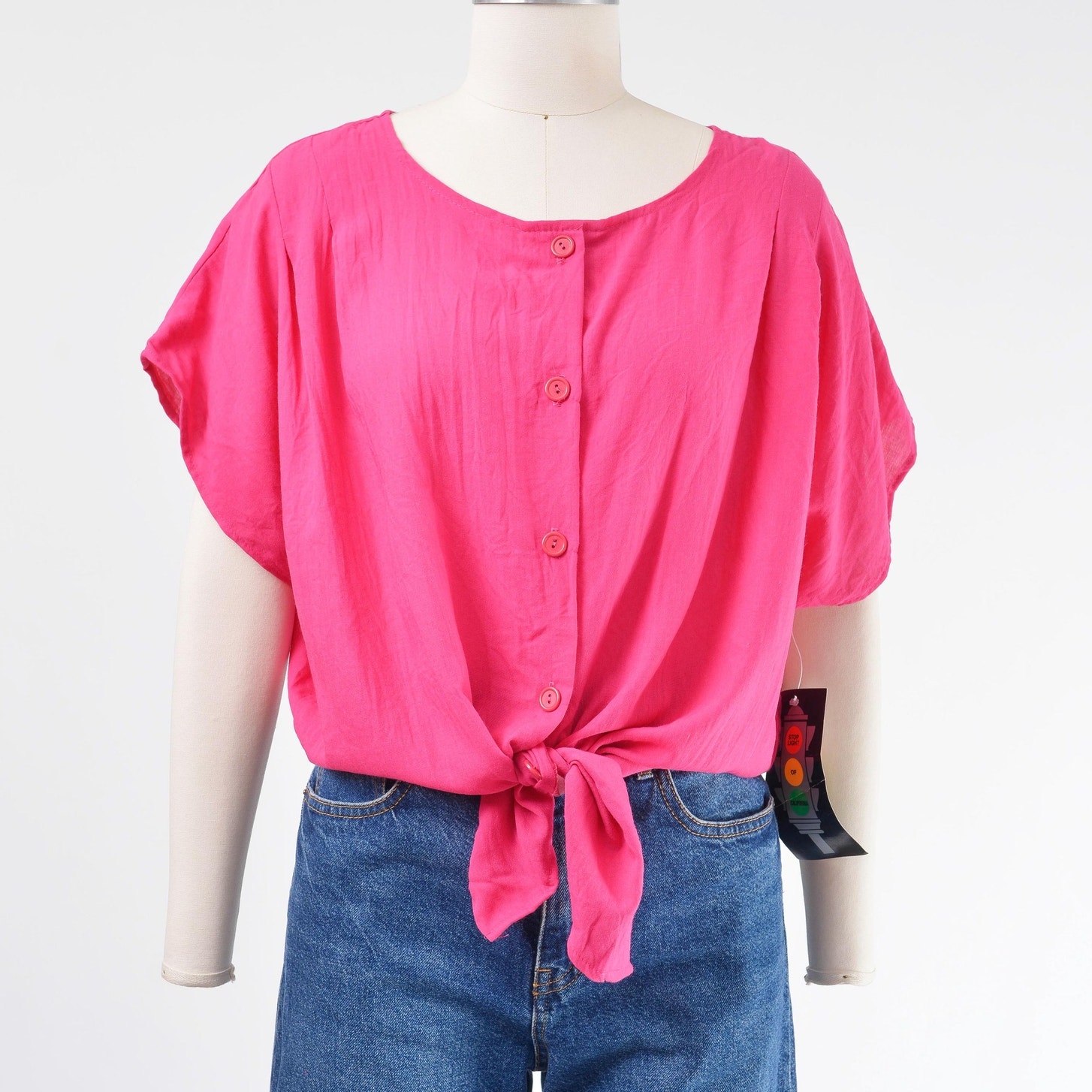 Vintage 80s Bright Pink Top Loose Fit Slouchy Cap Sleeve Button Down Blouse M L